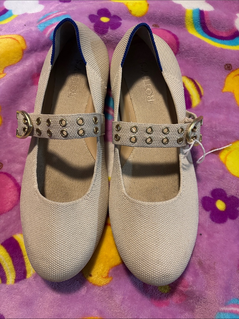 Rothy's Beige Mary Jane Flats with Studded Strap and Gold Buckles
